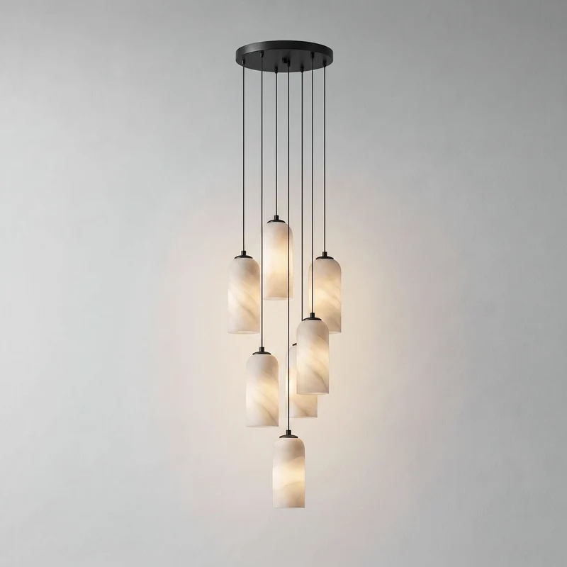 Alabasten Hanglamp met Gevlochten Snoer – Natuursteen Verlichting van Enkel Lichtpunt tot 21-Lichts Cluster – Mid-Century Modern Stijl Eetkamer Hanglamp met E12/E14 Fitting | Sansoti