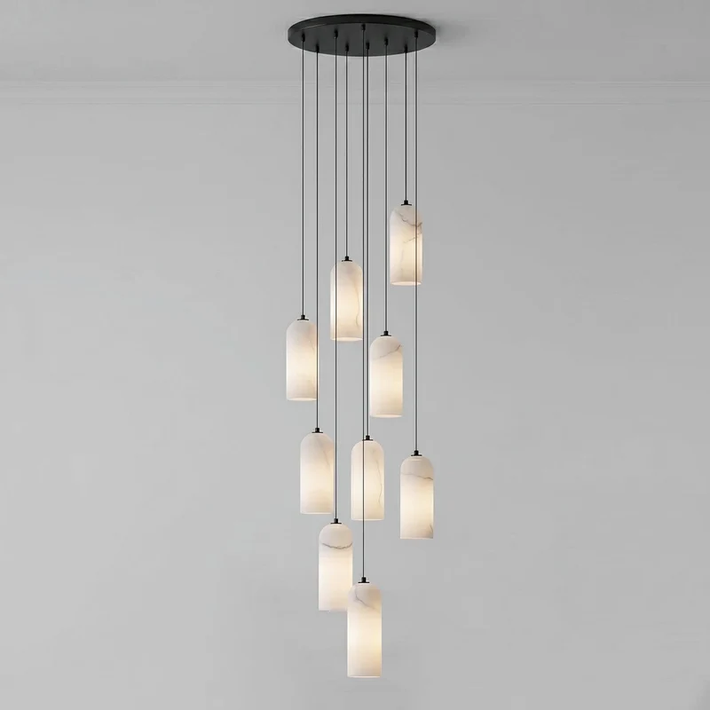 Alabasten Hanglamp met Gevlochten Snoer – Natuursteen Verlichting van Enkel Lichtpunt tot 21-Lichts Cluster – Mid-Century Modern Stijl Eetkamer Hanglamp met E12/E14 Fitting | Sansoti