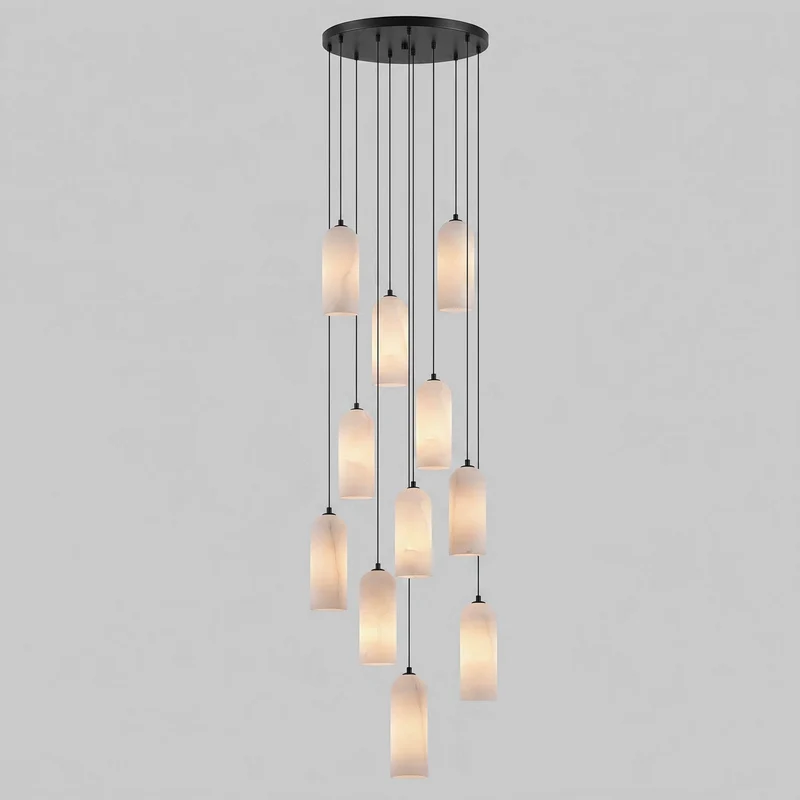 Alabasten Hanglamp met Gevlochten Snoer – Natuursteen Verlichting van Enkel Lichtpunt tot 21-Lichts Cluster – Mid-Century Modern Stijl Eetkamer Hanglamp met E12/E14 Fitting | Sansoti