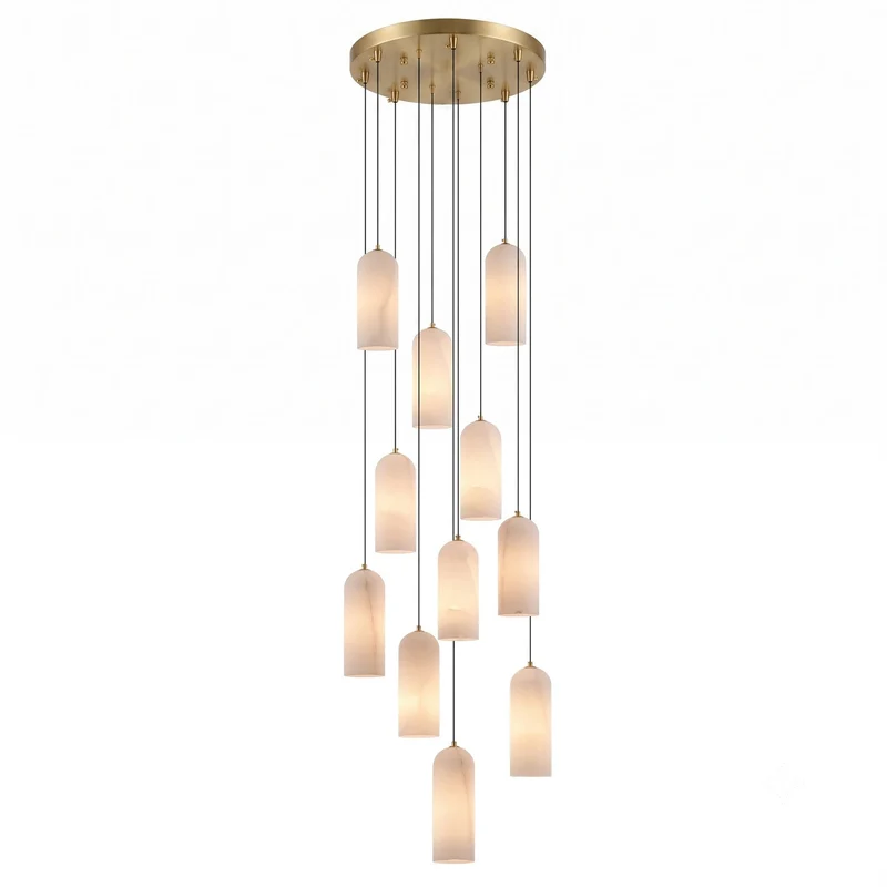 Alabasten Hanglamp met Gevlochten Snoer – Natuursteen Verlichting van Enkel Lichtpunt tot 21-Lichts Cluster – Mid-Century Modern Stijl Eetkamer Hanglamp met E12/E14 Fitting | Sansoti