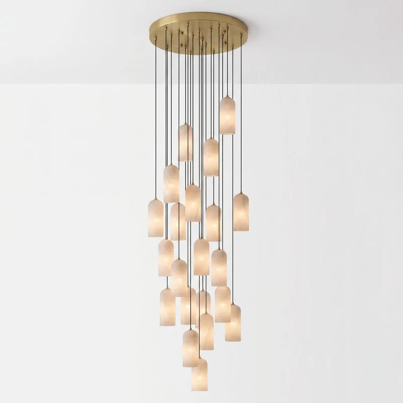 Alabasten Hanglamp met Gevlochten Snoer – Natuursteen Verlichting van Enkel Lichtpunt tot 21-Lichts Cluster – Mid-Century Modern Stijl Eetkamer Hanglamp met E12/E14 Fitting | Sansoti