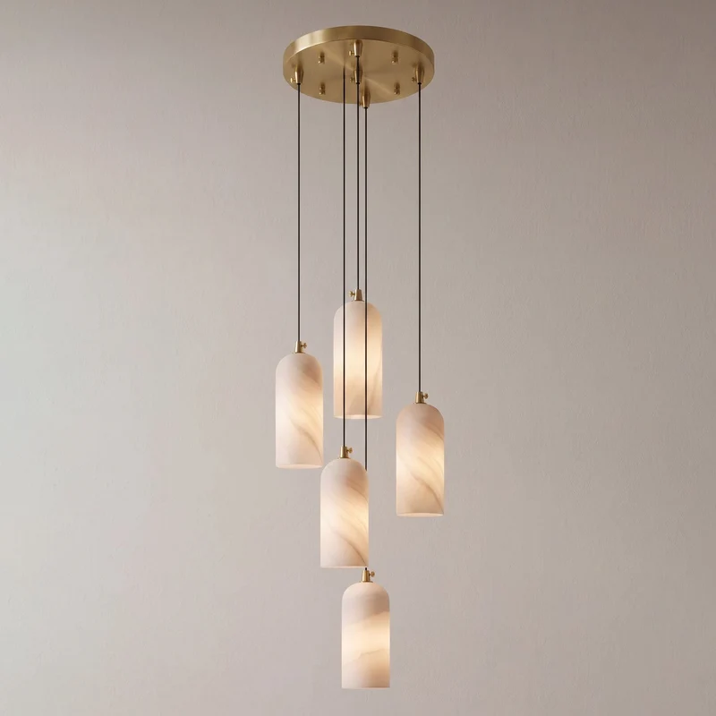 Alabasten Hanglamp met Gevlochten Snoer – Natuursteen Verlichting van Enkel Lichtpunt tot 21-Lichts Cluster – Mid-Century Modern Stijl Eetkamer Hanglamp met E12/E14 Fitting | Sansoti