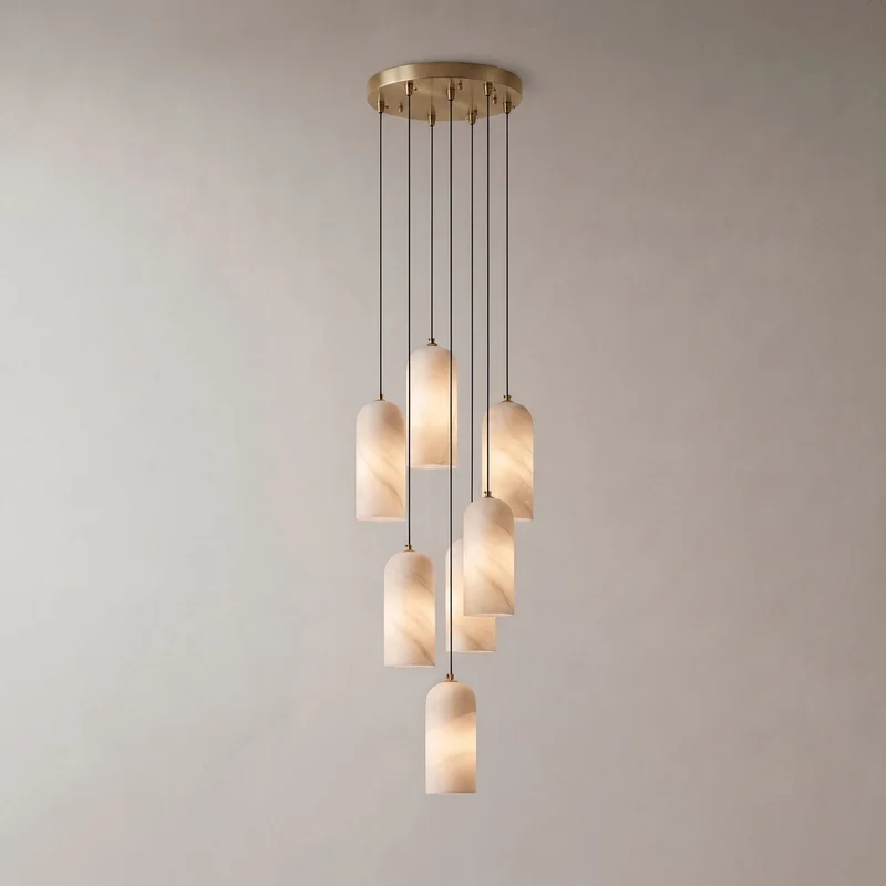 Alabasten Hanglamp met Gevlochten Snoer – Natuursteen Verlichting van Enkel Lichtpunt tot 21-Lichts Cluster – Mid-Century Modern Stijl Eetkamer Hanglamp met E12/E14 Fitting | Sansoti