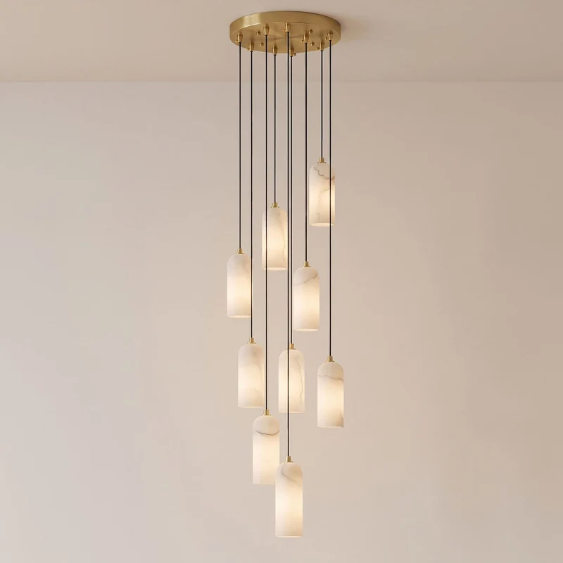 Alabasten Hanglamp met Gevlochten Snoer – Natuursteen Verlichting van Enkel Lichtpunt tot 21-Lichts Cluster – Mid-Century Modern Stijl Eetkamer Hanglamp met E12/E14 Fitting | Sansoti