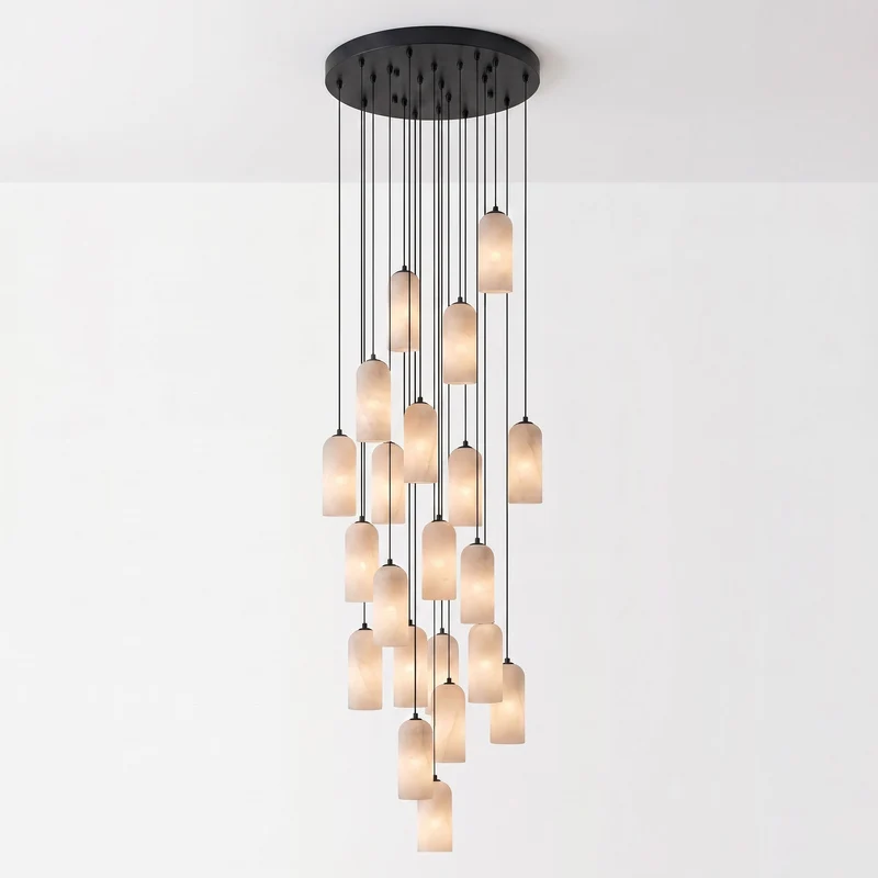 Alabasten Hanglamp met Gevlochten Snoer – Natuursteen Verlichting van Enkel Lichtpunt tot 21-Lichts Cluster – Mid-Century Modern Stijl Eetkamer Hanglamp met E12/E14 Fitting | Sansoti