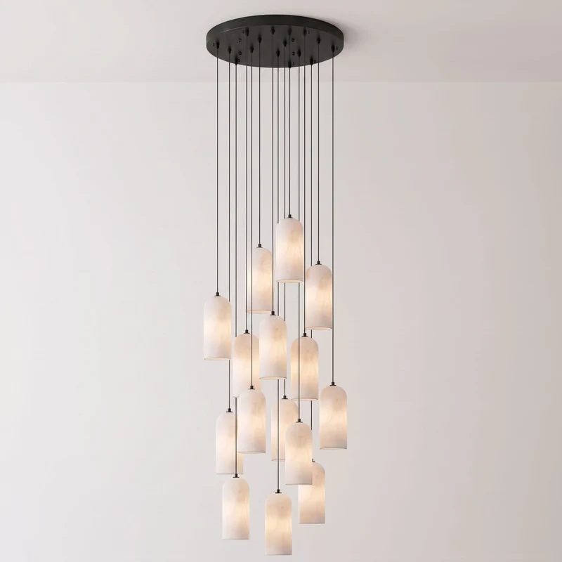 Alabasten Hanglamp met Gevlochten Snoer – Natuursteen Verlichting van Enkel Lichtpunt tot 21-Lichts Cluster – Mid-Century Modern Stijl Eetkamer Hanglamp met E12/E14 Fitting | Sansoti