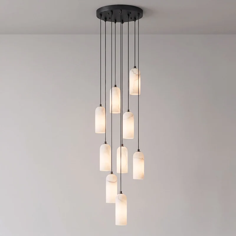 Alabasten Hanglamp met Gevlochten Snoer – Natuursteen Verlichting van Enkel Lichtpunt tot 21-Lichts Cluster – Mid-Century Modern Stijl Eetkamer Hanglamp met E12/E14 Fitting | Sansoti