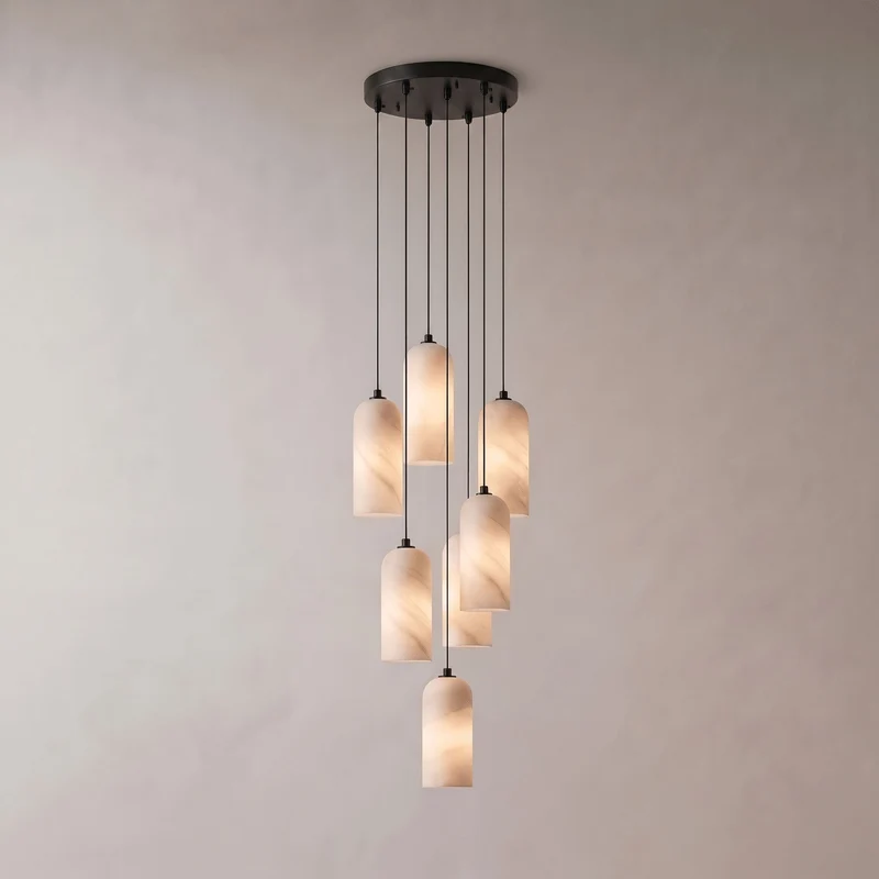 Alabasten Hanglamp met Gevlochten Snoer – Natuursteen Verlichting van Enkel Lichtpunt tot 21-Lichts Cluster – Mid-Century Modern Stijl Eetkamer Hanglamp met E12/E14 Fitting | Sansoti