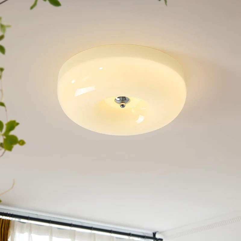 Plafondlamp Melkglas 32–46 cm | Glazen Bol met Zilveren Accent | Dimbare Plafondverlichting Warm Wit | Sansoti