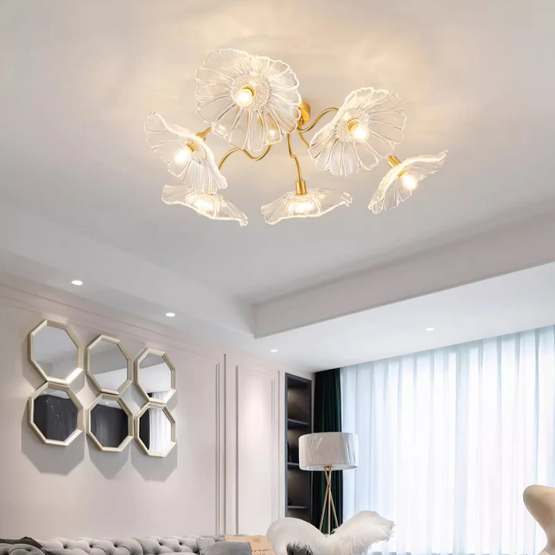 Glazen Plafondlamp met Bladmotief – 3, 5 of 6 Lichtpunten – Gouden Armatuur met Helder of Roze Matglas | Sansoti