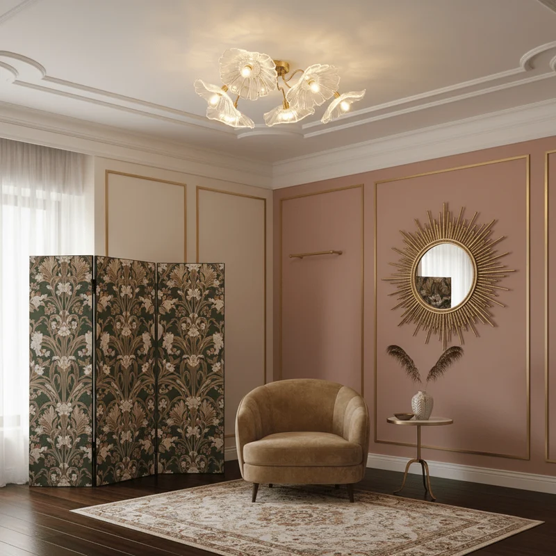 Glazen Plafondlamp met Bladmotief – 3, 5 of 6 Lichtpunten – Gouden Armatuur met Helder of Roze Matglas | Sansoti