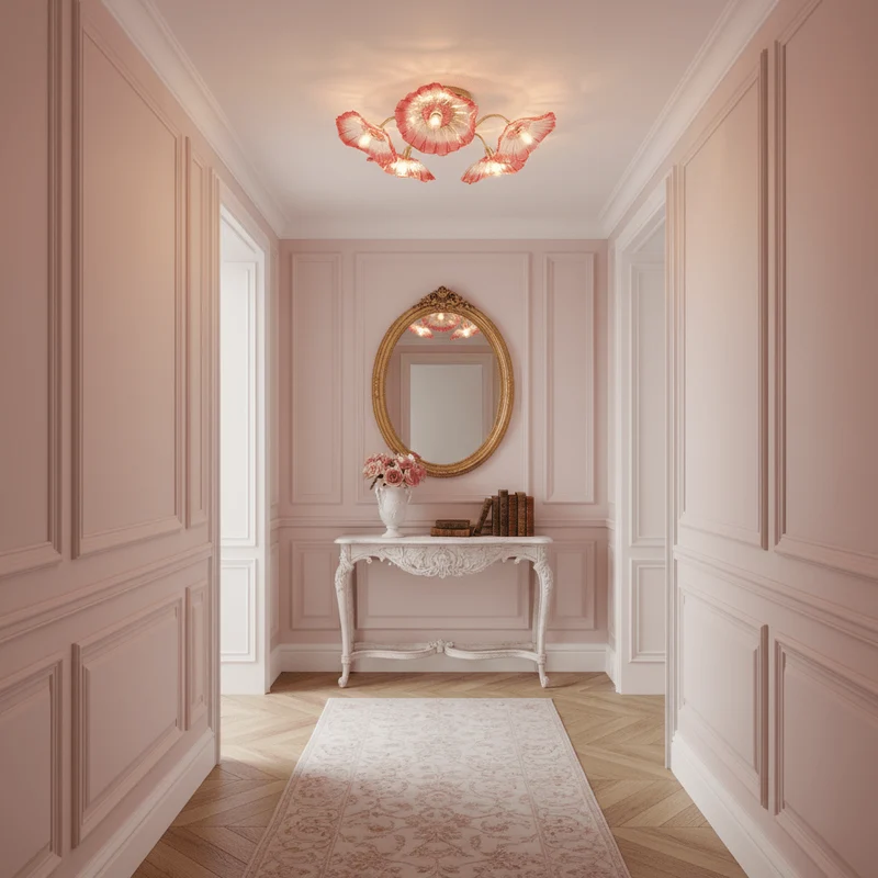 Glazen Plafondlamp met Bladmotief – 3, 5 of 6 Lichtpunten – Gouden Armatuur met Helder of Roze Matglas | Sansoti