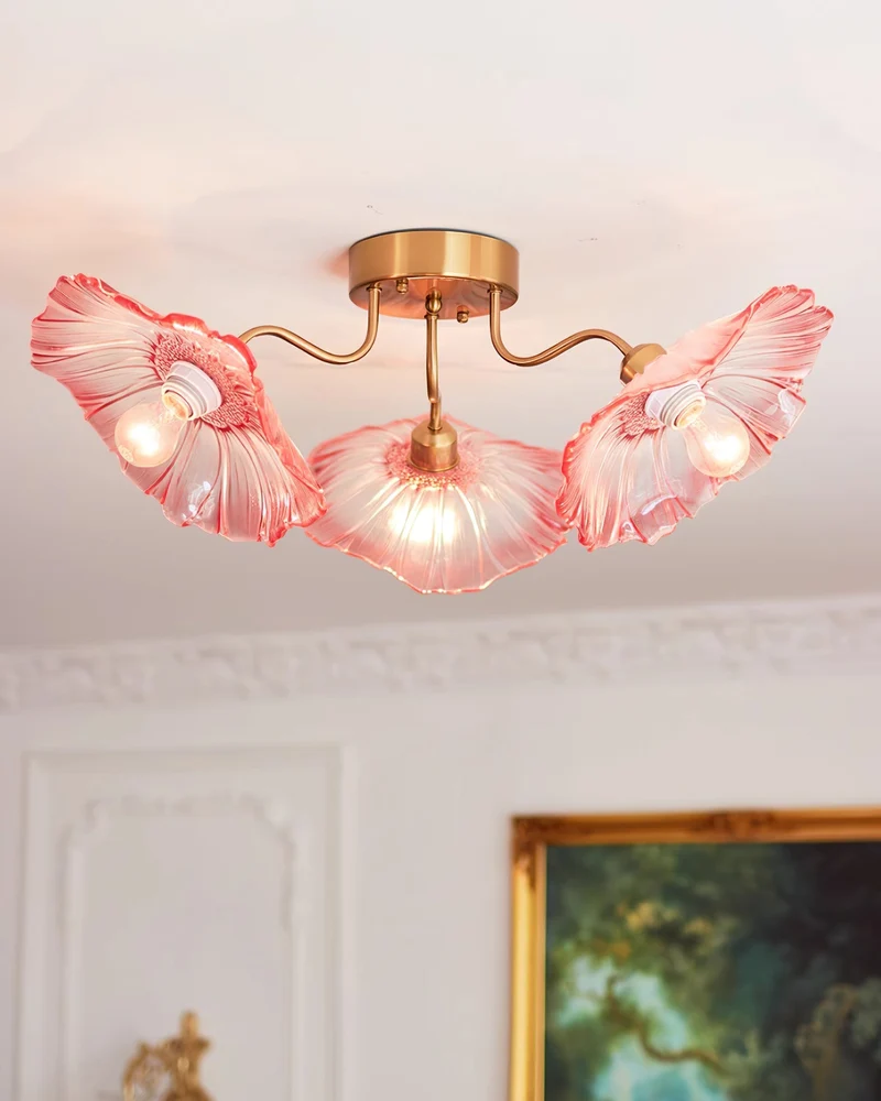 Glazen Plafondlamp met Bladmotief – 3, 5 of 6 Lichtpunten – Gouden Armatuur met Helder of Roze Matglas | Sansoti