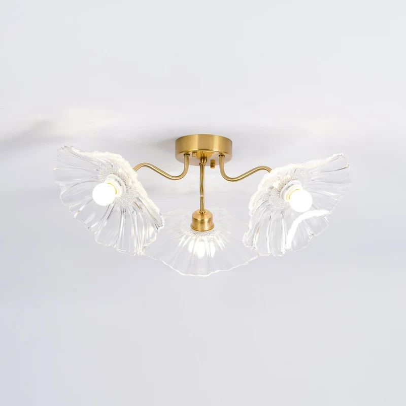Glazen Plafondlamp met Bladmotief – 3, 5 of 6 Lichtpunten – Gouden Armatuur met Helder of Roze Matglas | Sansoti