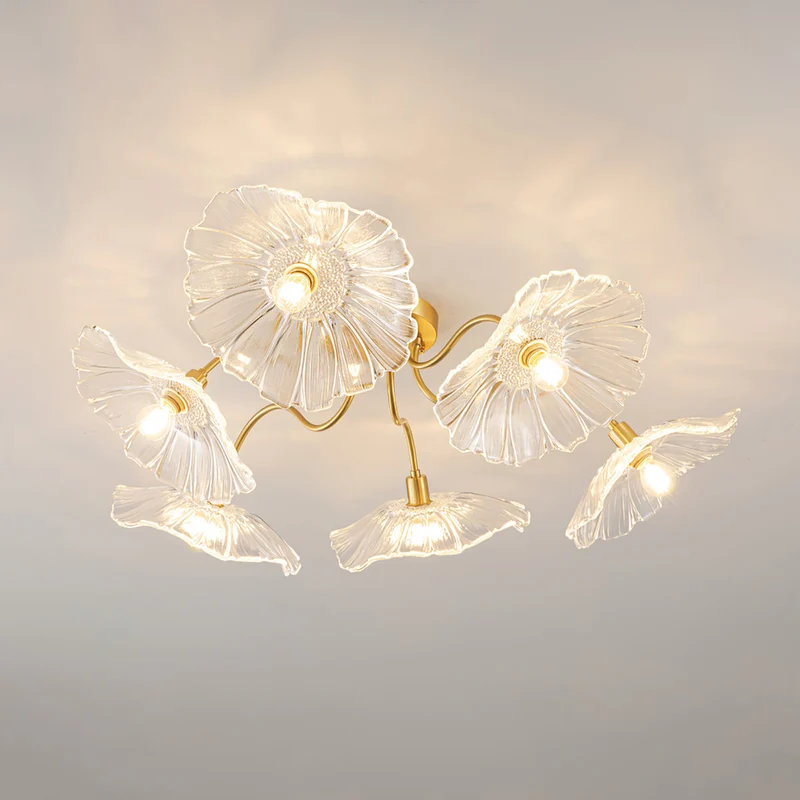Glazen Plafondlamp met Bladmotief – 3, 5 of 6 Lichtpunten – Gouden Armatuur met Helder of Roze Matglas | Sansoti
