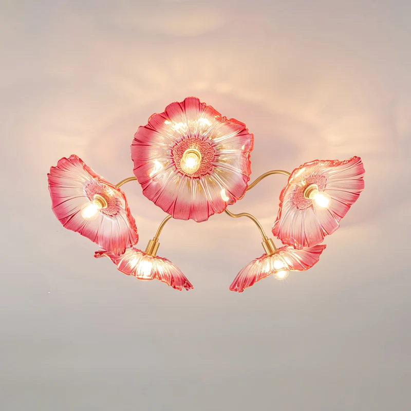 Glazen Plafondlamp met Bladmotief – 3, 5 of 6 Lichtpunten – Gouden Armatuur met Helder of Roze Matglas | Sansoti