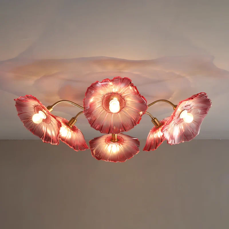 Glazen Plafondlamp met Bladmotief – 3, 5 of 6 Lichtpunten – Gouden Armatuur met Helder of Roze Matglas | Sansoti