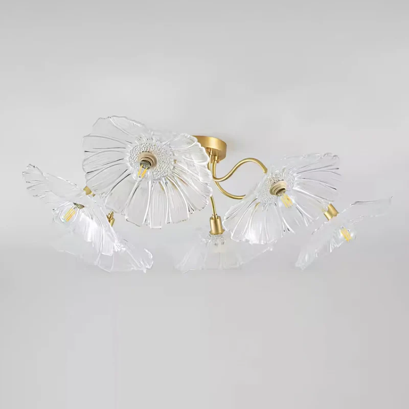 Glazen Plafondlamp met Bladmotief – 3, 5 of 6 Lichtpunten – Gouden Armatuur met Helder of Roze Matglas | Sansoti