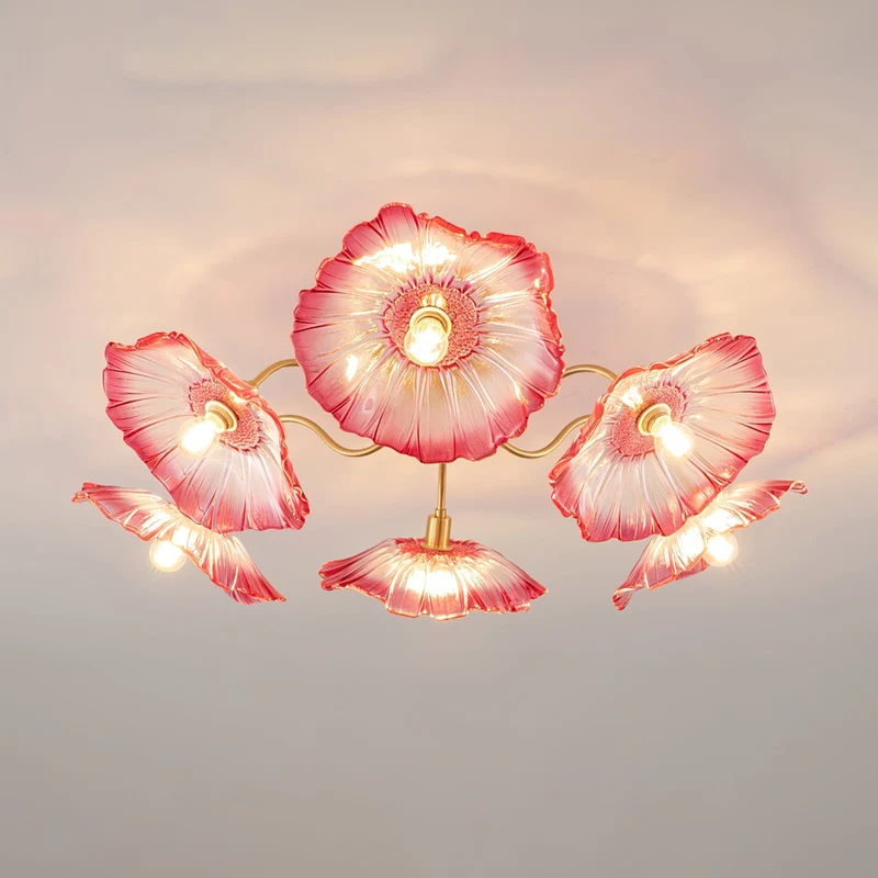 Glazen Plafondlamp met Bladmotief – 3, 5 of 6 Lichtpunten – Gouden Armatuur met Helder of Roze Matglas | Sansoti