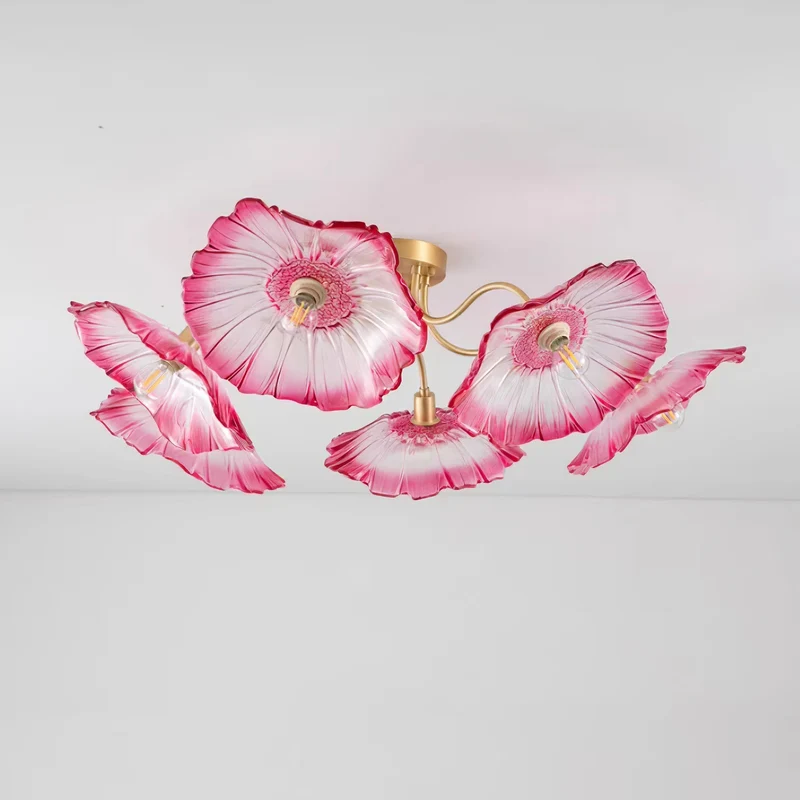 Glazen Plafondlamp met Bladmotief – 3, 5 of 6 Lichtpunten – Gouden Armatuur met Helder of Roze Matglas | Sansoti