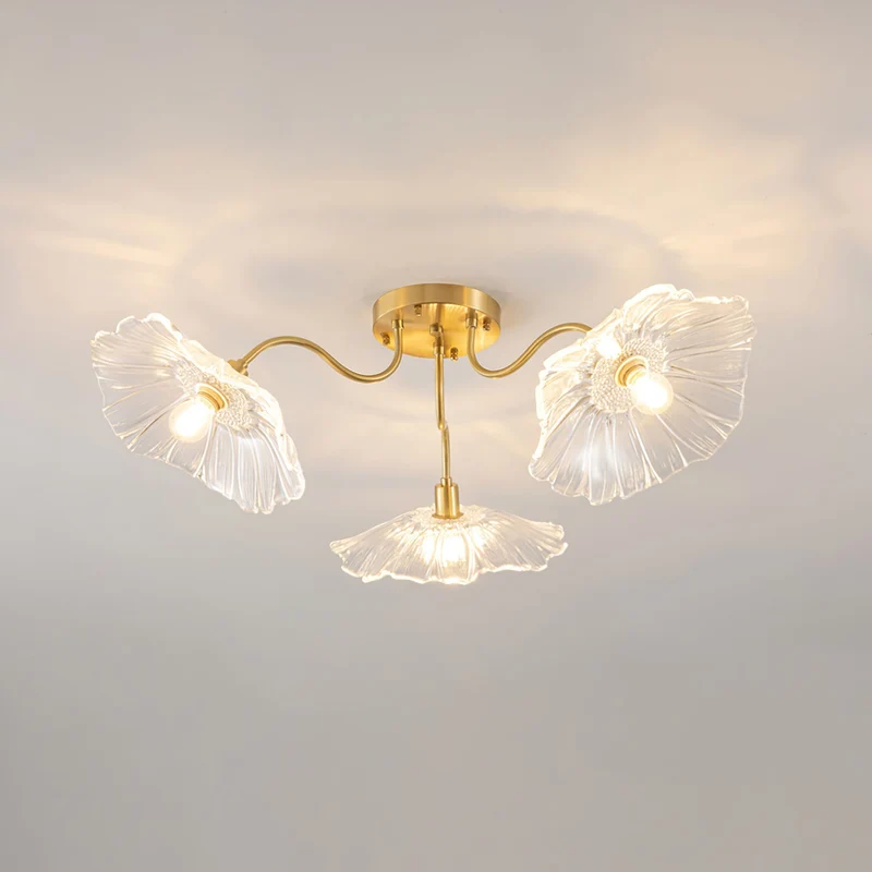 Glazen Plafondlamp met Bladmotief – 3, 5 of 6 Lichtpunten – Gouden Armatuur met Helder of Roze Matglas | Sansoti