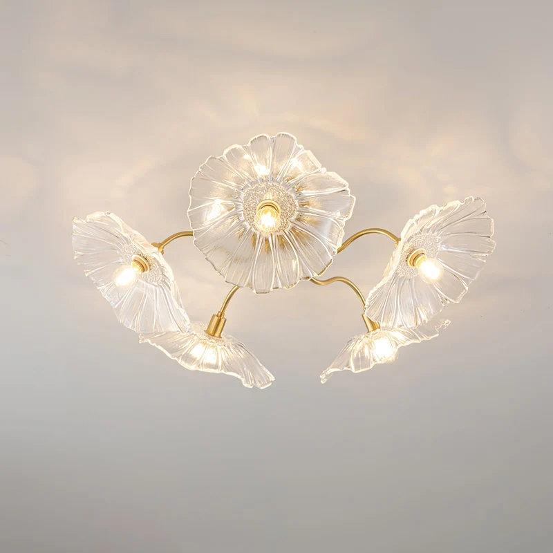 Glazen Plafondlamp met Bladmotief – 3, 5 of 6 Lichtpunten – Gouden Armatuur met Helder of Roze Matglas | Sansoti