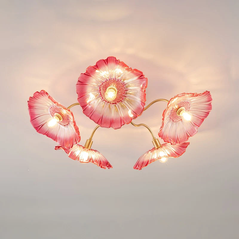 Glazen Plafondlamp met Bladmotief – 3, 5 of 6 Lichtpunten – Gouden Armatuur met Helder of Roze Matglas | Sansoti