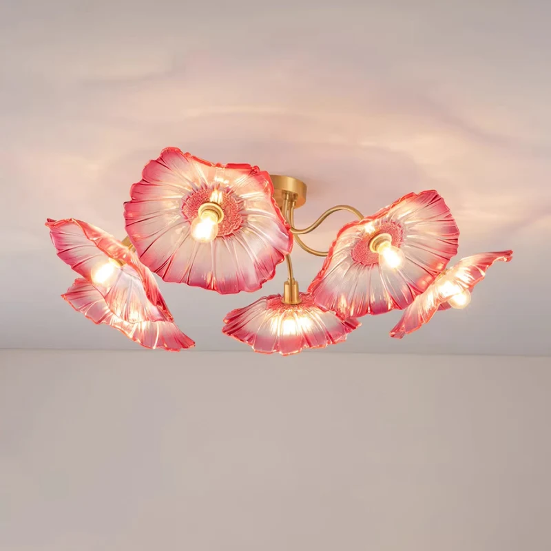 Glazen Plafondlamp met Bladmotief – 3, 5 of 6 Lichtpunten – Gouden Armatuur met Helder of Roze Matglas | Sansoti