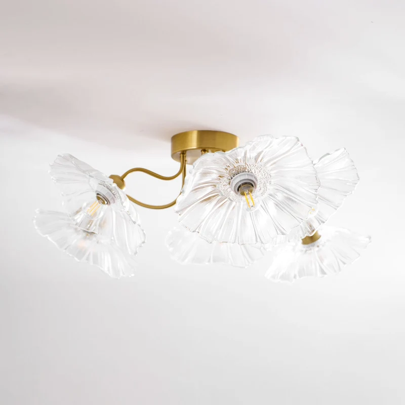 Glazen Plafondlamp met Bladmotief – 3, 5 of 6 Lichtpunten – Gouden Armatuur met Helder of Roze Matglas | Sansoti