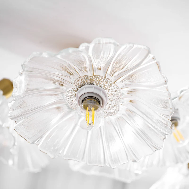 Glazen Plafondlamp met Bladmotief – 3, 5 of 6 Lichtpunten – Gouden Armatuur met Helder of Roze Matglas | Sansoti