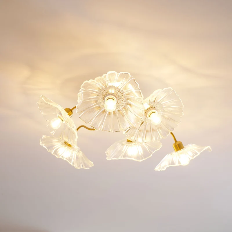 Glazen Plafondlamp met Bladmotief – 3, 5 of 6 Lichtpunten – Gouden Armatuur met Helder of Roze Matglas | Sansoti