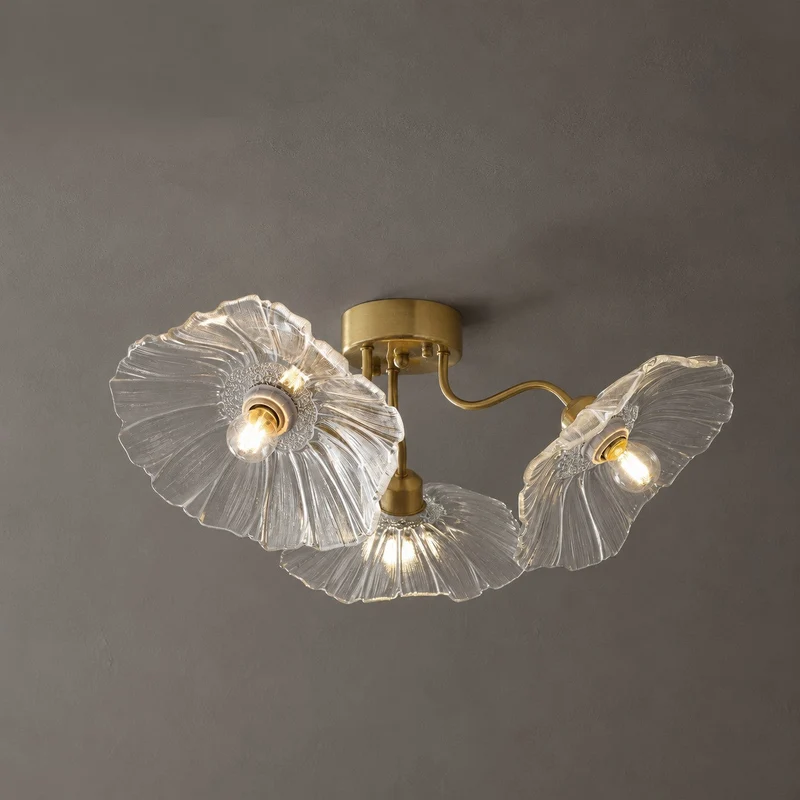 Glazen Plafondlamp met Bladmotief – 3, 5 of 6 Lichtpunten – Gouden Armatuur met Helder of Roze Matglas | Sansoti