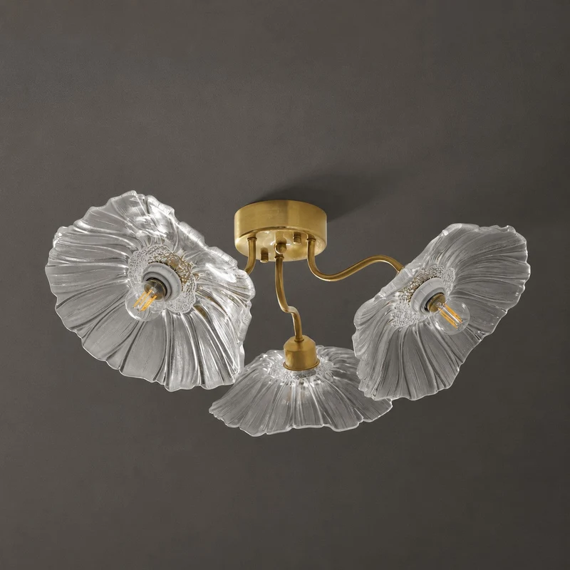 Glazen Plafondlamp met Bladmotief – 3, 5 of 6 Lichtpunten – Gouden Armatuur met Helder of Roze Matglas | Sansoti