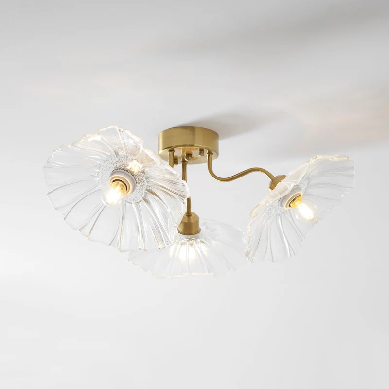 Glazen Plafondlamp met Bladmotief – 3, 5 of 6 Lichtpunten – Gouden Armatuur met Helder of Roze Matglas | Sansoti