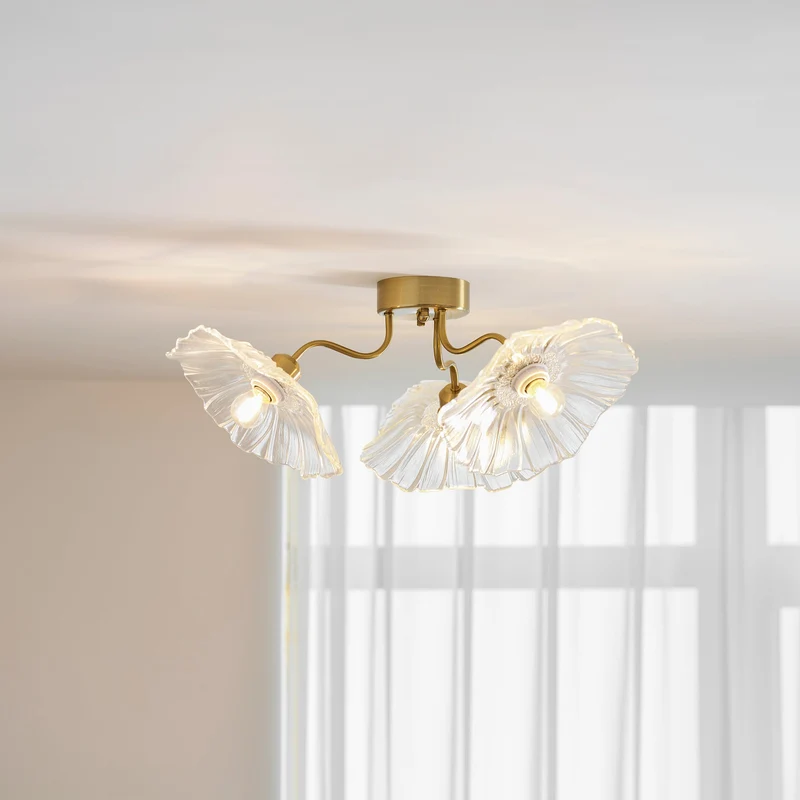 Glazen Plafondlamp met Bladmotief – 3, 5 of 6 Lichtpunten – Gouden Armatuur met Helder of Roze Matglas | Sansoti