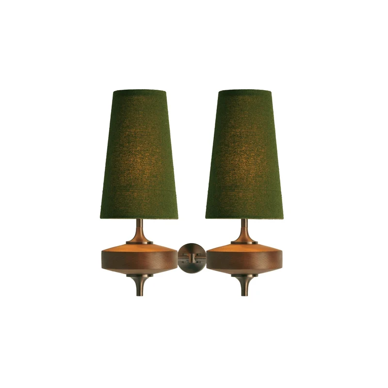 Vintage Wandlamp met Houten Arm en Stoffen Kap – Antiek Messing of Walnoot – E12/E14 Fitting | Sansoti