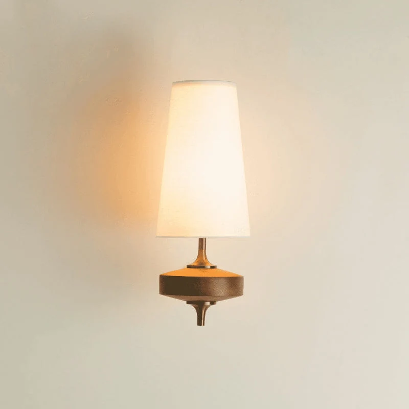 Vintage Wandlamp met Houten Arm en Stoffen Kap – Antiek Messing of Walnoot – E12/E14 Fitting | Sansoti