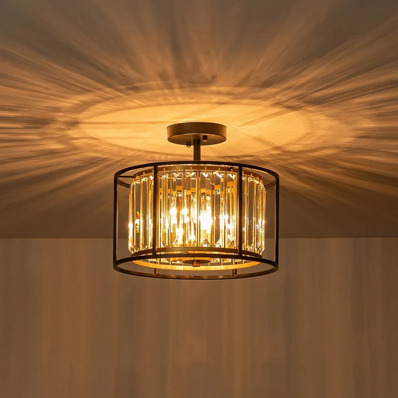 Kristallen Plafondlamp met Drie Lichtpunten en Kaarsverlichting – Zwart en Messing Afwerking | Sansoti