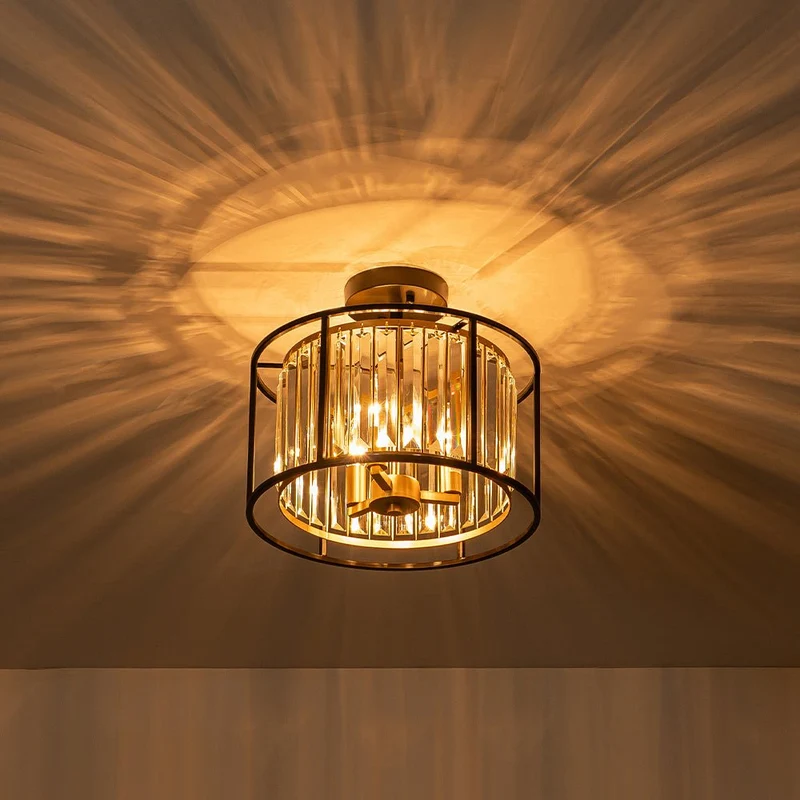 Kristallen Plafondlamp met Drie Lichtpunten en Kaarsverlichting – Zwart en Messing Afwerking | Sansoti