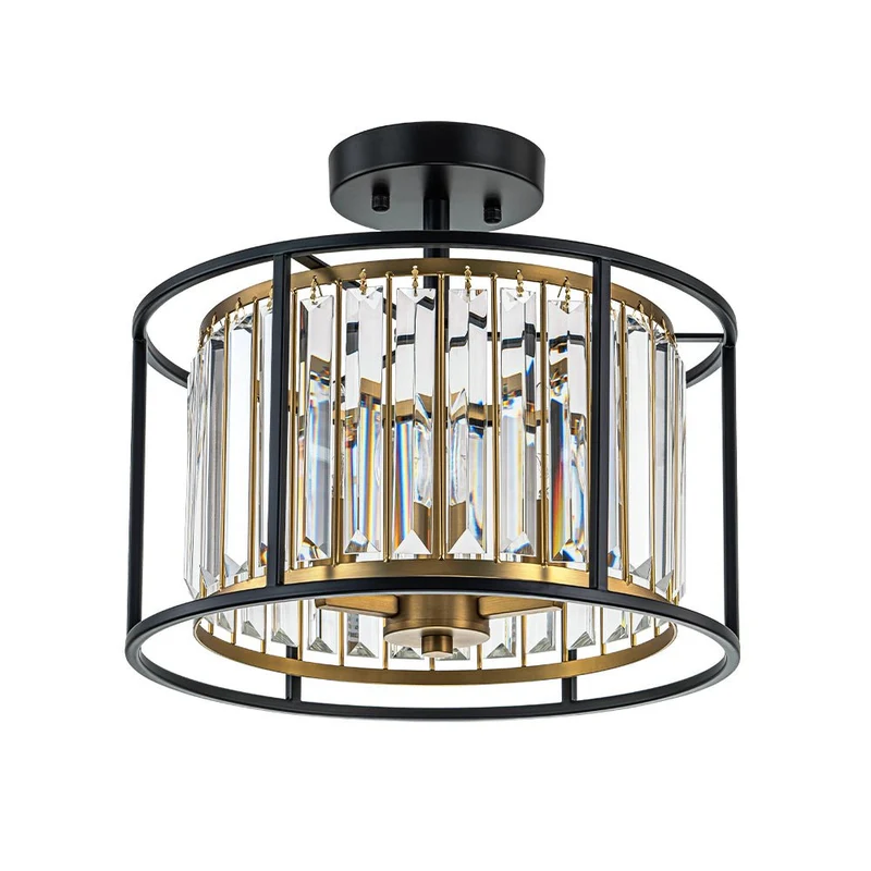 Kristallen Plafondlamp met Drie Lichtpunten en Kaarsverlichting – Zwart en Messing Afwerking | Sansoti