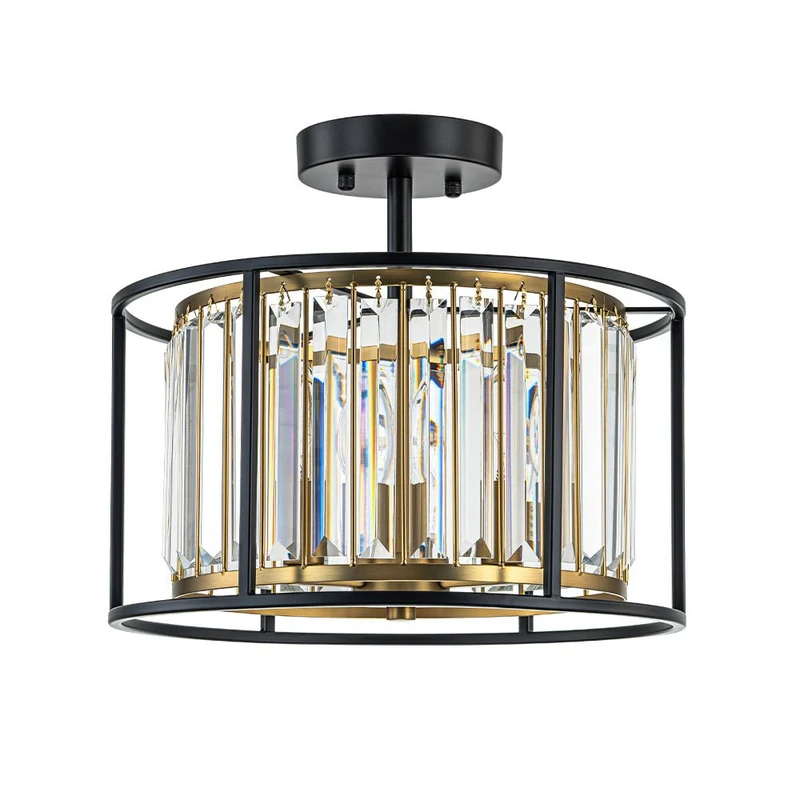 Kristallen Plafondlamp met Drie Lichtpunten en Kaarsverlichting – Zwart en Messing Afwerking | Sansoti