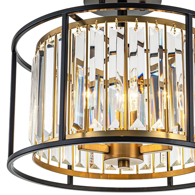 Kristallen Plafondlamp met Drie Lichtpunten en Kaarsverlichting – Zwart en Messing Afwerking | Sansoti
