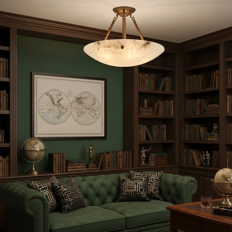 Alabaster Kom Plafondlamp – Antique Brass Montuur – 4, 5 of 6 Lichtpunten – Natuursteen Halfronde Kroonluchter voor Eetkamer Woonkamer Entree | Sansoti