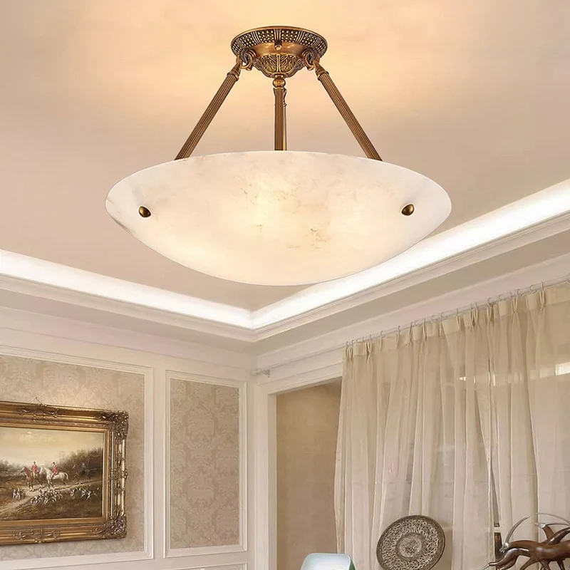 Alabaster Kom Plafondlamp – Antique Brass Montuur – 4, 5 of 6 Lichtpunten – Natuursteen Halfronde Kroonluchter voor Eetkamer Woonkamer Entree | Sansoti