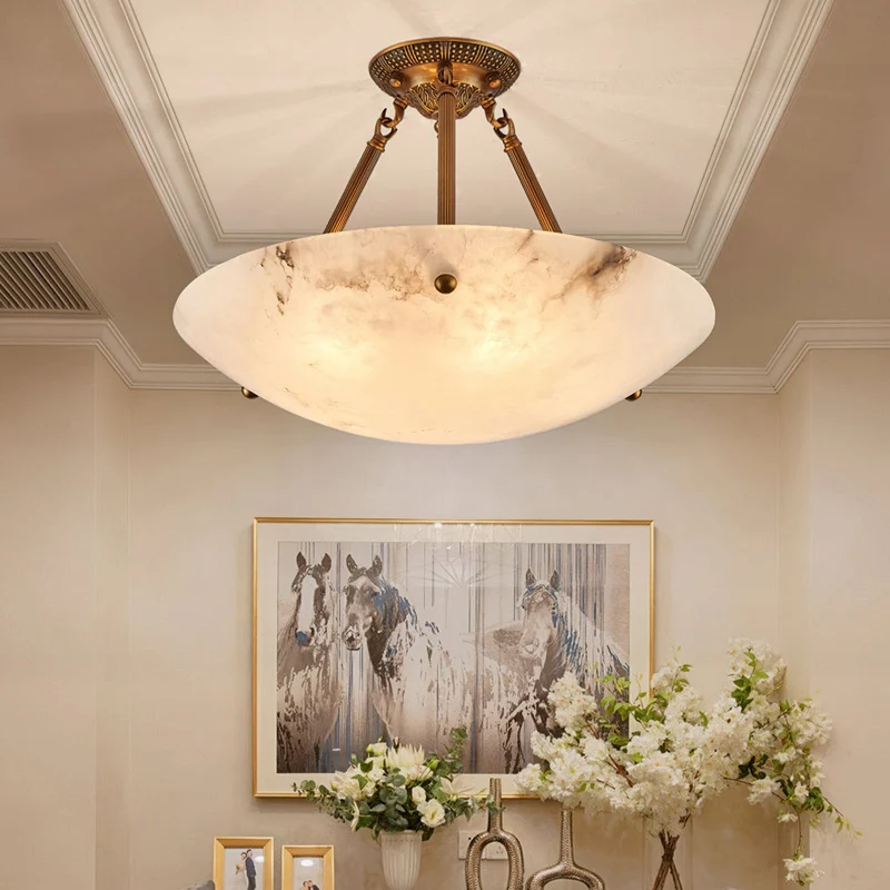 Alabaster Kom Plafondlamp – Antique Brass Montuur – 4, 5 of 6 Lichtpunten – Natuursteen Halfronde Kroonluchter voor Eetkamer Woonkamer Entree | Sansoti
