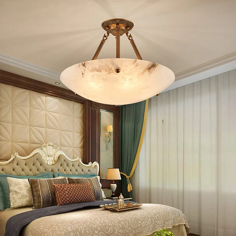 Alabaster Kom Plafondlamp – Antique Brass Montuur – 4, 5 of 6 Lichtpunten – Natuursteen Halfronde Kroonluchter voor Eetkamer Woonkamer Entree | Sansoti