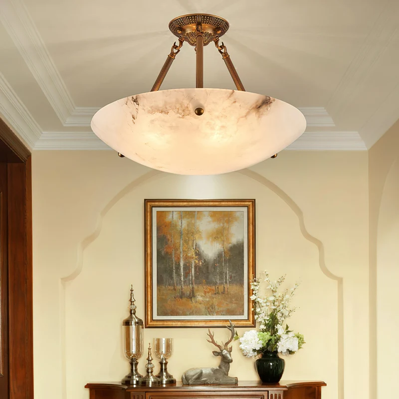Alabaster Kom Plafondlamp – Antique Brass Montuur – 4, 5 of 6 Lichtpunten – Natuursteen Halfronde Kroonluchter voor Eetkamer Woonkamer Entree | Sansoti