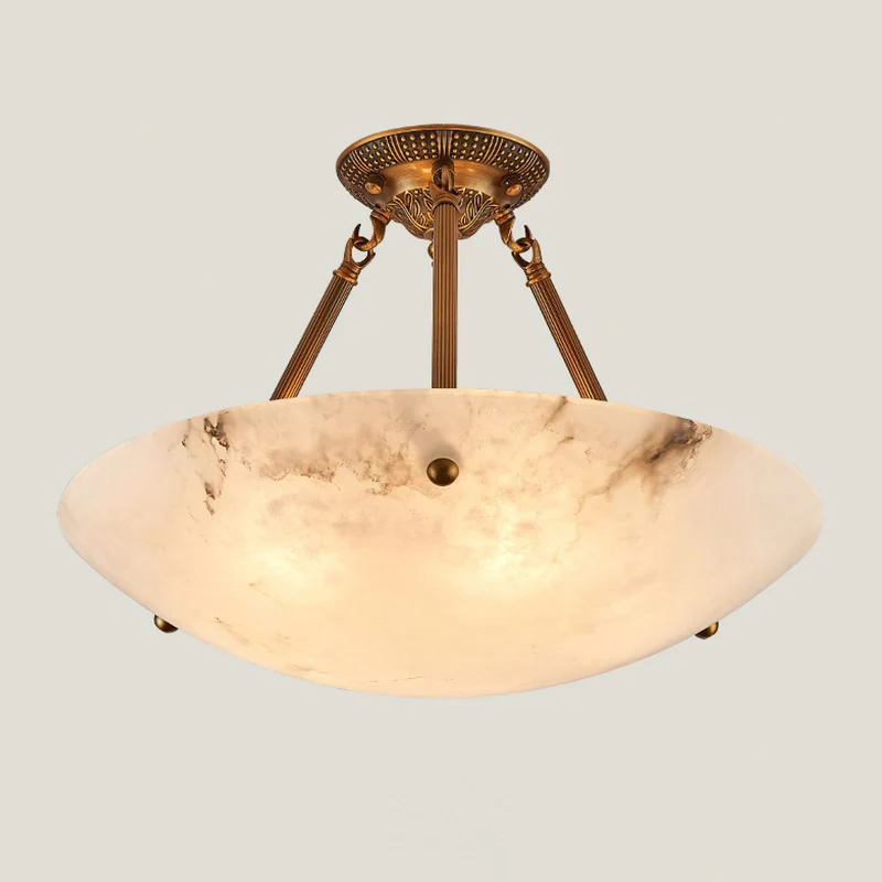 Alabaster Kom Plafondlamp – Antique Brass Montuur – 4, 5 of 6 Lichtpunten – Natuursteen Halfronde Kroonluchter voor Eetkamer Woonkamer Entree | Sansoti