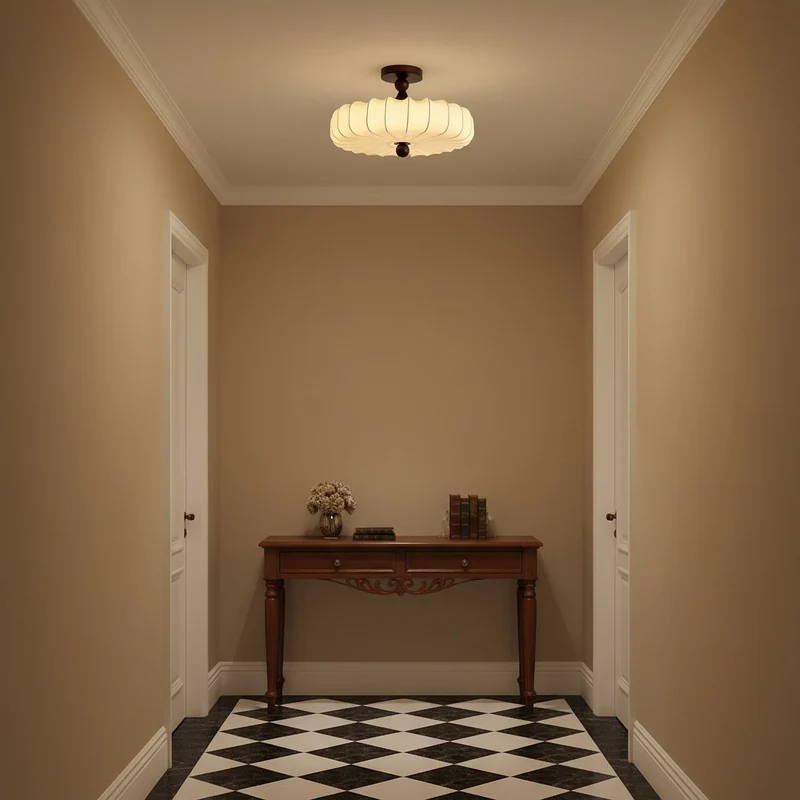 Anela Plafondlamp Walnoot met Beige Gevlochten Kap – Retro Scandinavische Hanglamp met Geïntegreerde LED – Dimbare Plafondverlichting | Sansoti