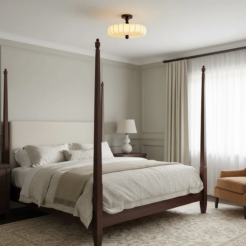 Anela Plafondlamp Walnoot met Beige Gevlochten Kap – Retro Scandinavische Hanglamp met Geïntegreerde LED – Dimbare Plafondverlichting | Sansoti